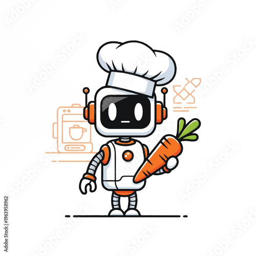 Robot chef character happily holds large fresh carrot standing indoors