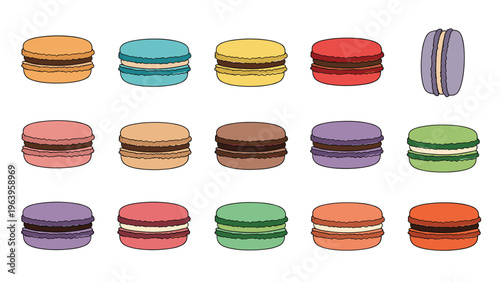Variety of fifteen colorful macarons in different shades and flavors arranged in three rows for bakery or dessert shop website design.