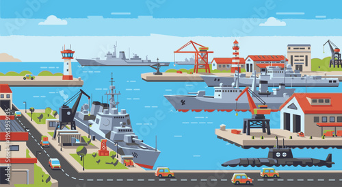 Illustration of a vibrant harbor scene with ships, cranes, and buildings along a road, featuring a mix of industrial and nautical elements under a blue sky with clouds.