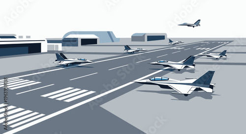 Illustration of airplanes on a runway with buildings in the background, showcasing a scene of air travel and transportation infrastructure.