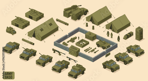 Aerial view of a military base layout with various green vehicles and buildings arranged on a beige background with a blue perimeter fence.