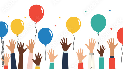 Group of diverse hands raised up in the air with colorful balloons floating above them for celebration unity and party themed designs.