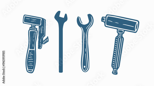 Vector graphic shows four tools a pipe wrench, two open-end wrenches, and a mallet