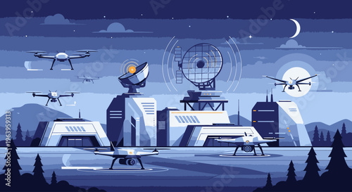 Illustration of a futuristic space station with drones and satellite dishes at night with a moonlit sky and mountains in the background.