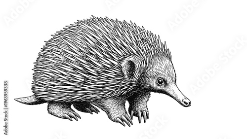 Detailed black and white engraving style illustration of a short-beaked echidna showing its characteristic spines and long snout.
