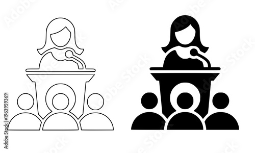  Female Speaker at Podium Icon Set in Outline and Solid Glyph Style Featuring Woman Presenting at Lectern with Microphone and Audience for Conference, Seminar, and Speech Design