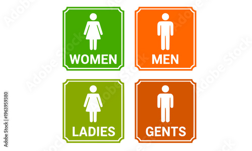 Women Men Ladies Gents Restroom Sign Set in Green and Orange with Male and Female Silhouette Pictogram for Toilet, Bathroom, and Public Facility Wayfinding Design