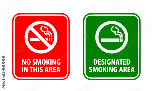 No Smoking and Designated Smoking Area Sign Set in Red and Green with Cigarette Prohibition and Allowed Symbols for Workplace, Public Space, and Facility Compliance Signage
