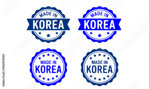 Made in Korea Round Stamp Set in Four Blue Shades, Featuring Vintage Grunge Seal Badge with Stars and Circular Border for Product Label, Packaging, and Origin Branding