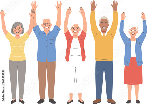 Set of happy elderly people characters dancing celebrating and showing approval gestures, joyful senior men and women flat vector illustration