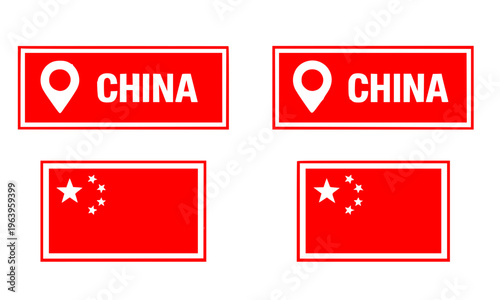 Free Download  China Flag and Location Pin Label Set Featuring Red Star Flag and Map Marker Icon with Country Name for Travel, Geography, Navigation, and Origin Branding Design - GFXLoad