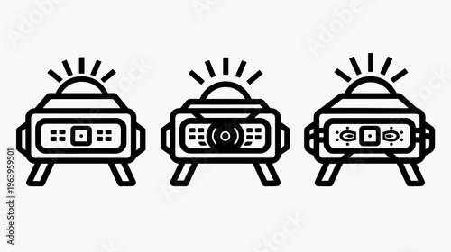 Three black outline projector icons with rays, standing on legs, against a white backdrop