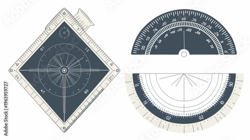 Technical drawing of measuring instruments with a square, and two semicircular scales