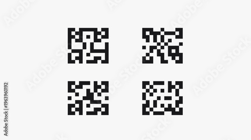 Four black pixelated patterns are arranged on a white background, digital in appearance