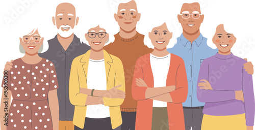 Happy senior people group smiling together, elderly men and women characters in flat style isolated on white background vector illustration