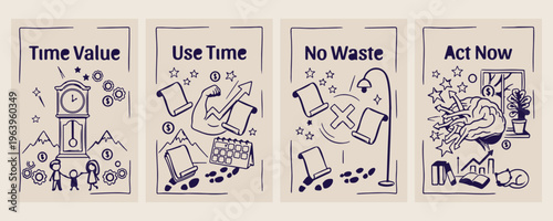 Use Time Wisely, No Waste Productivity, Efficient Management Tool, Success Habit Illustration, Procrastination Cure Concept, Time Optimization Design, Daily Routine Vector

