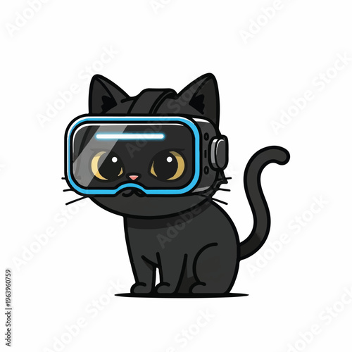 A black cat wearing VR headset and headphones sits on ground