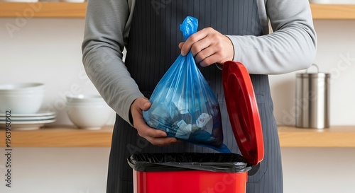 Person in gray sweater and red apron disposing blue plastic bag into black kitchen trash bin