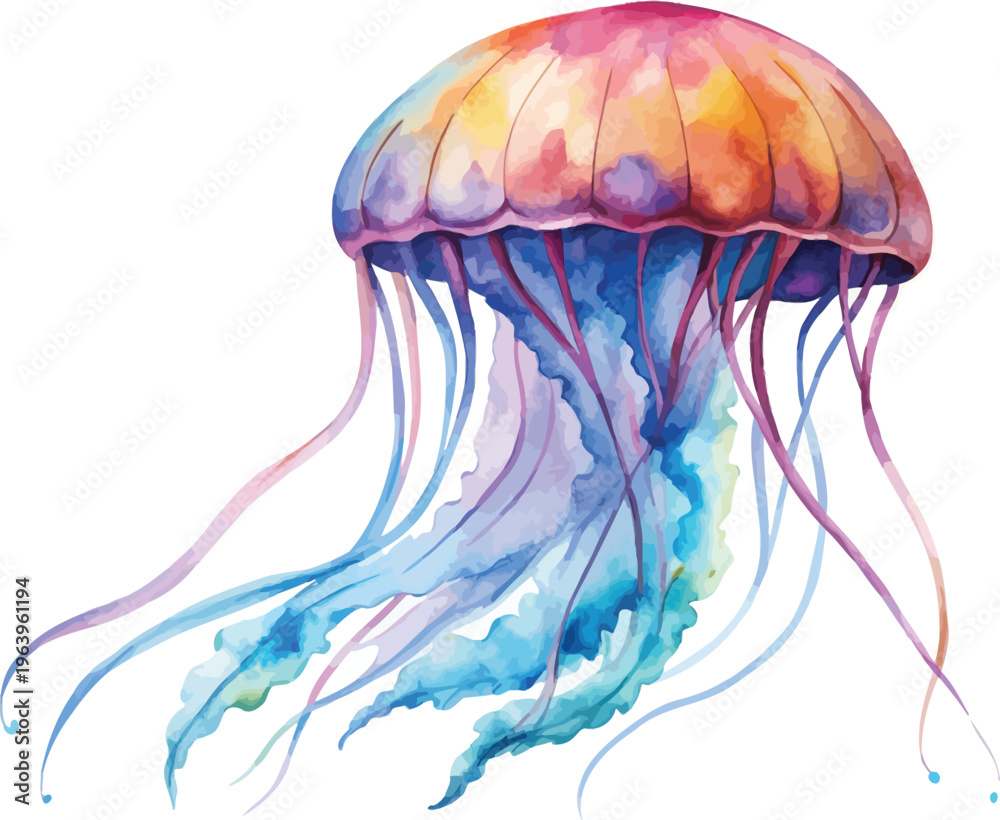 Fototapeta premium Watercolor Jellyfish Illustration, Ocean Wildlife Clipart, isolated on white background
