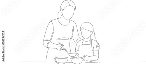 Minimalist Line Art Mother and Daughter Cooking Together in the Kitchen Illustration