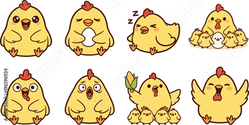 Cute Chicken Cartoon Vector Illustration Set with Funny Hen and Chicks, Kawaii Farm Animals, Adorable Expressions and Playful Character Collection