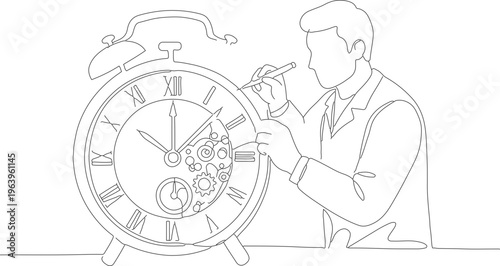 Outline Continuous Line Illustration Man Repairing Antique Alarm Clock