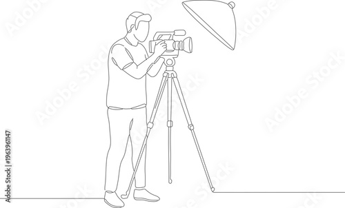 Simple Outline Continuous Line Videographer Filming with Equipment Profession Category