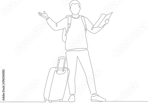 Minimalist Line Art Traveler with Map and Luggage Illustration