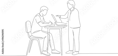 Minimalist Outline Continuous Line Drawing of Two Colleagues Meeting at Desk