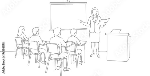 Line Art Teacher Teaching Student in Classroom Education Illustration