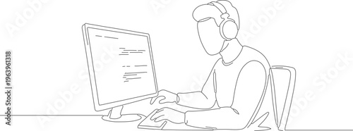 Minimalist Continuous Line Drawing Coder Working on Computer Illustration