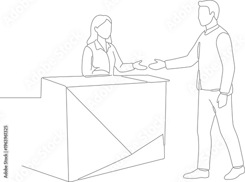 Outline Line Art Customer Interaction at Reception Desk Illustration