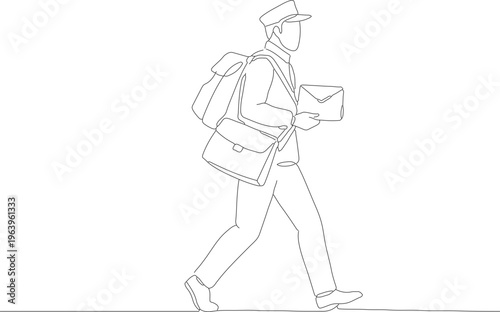 Simple Outline Illustration of Walking Postman Carrying Letter Envelope