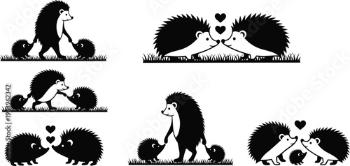 Hedgehog Silhouette Vector Illustration Set with Cute Family Scenes, Love Interaction, Wildlife Animals, Romantic Nature Moments and Black Design Collection