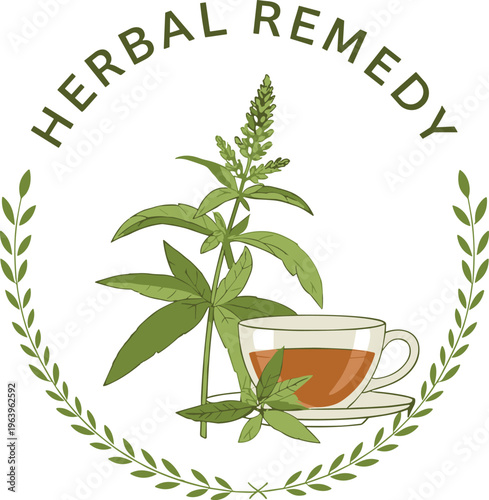 Herbal Remedy Vector Illustration with Medicinal Plant, Tea Cup, Natural Healing Concept, Organic Wellness, Alternative Medicine and Botanical Logo Design