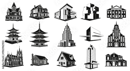 House Silhouettes Collection, Black and White Architecture, Building Designs, Residential Homes, Vector Illustration Set
