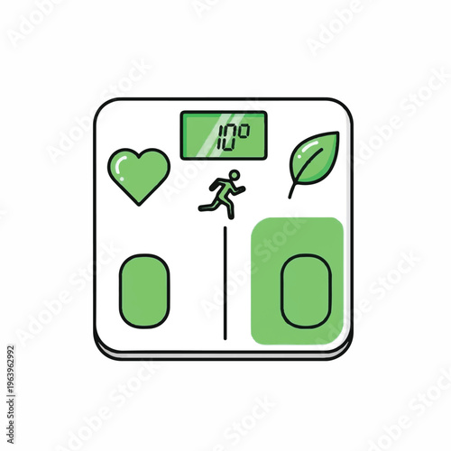 A digital scale with a heart, a runner, and a leaf on its screen