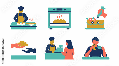 A baker prepares and serves delicious pastries and bread to customers