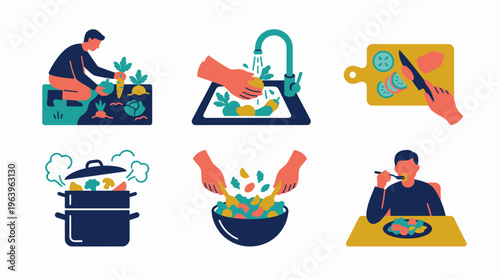 A vibrant illustration of people preparing and enjoying a healthy meal together