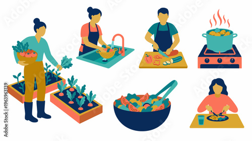 A vibrant illustration of people preparing and enjoying a healthy meal together