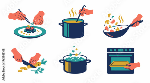 A person preparing a meal with various cooking techniques and tools