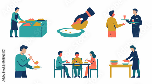 A diverse group of people enjoying food and meals together in a restaurant setting