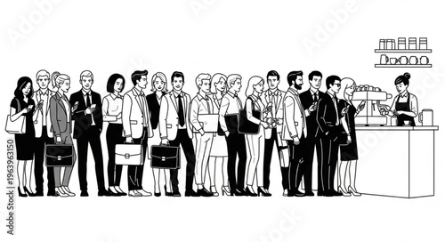 A Diverse Group of People Standing in a Long Line at a Counter.