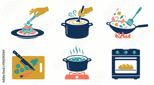 A colorful illustration of various cooking methods and tools