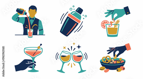 A colorful illustration of various cocktail making and drinking scenes