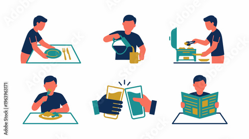 A set of colorful illustrations depicting daily life activities