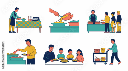 A vibrant illustration of people serving and enjoying a meal together