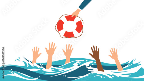 Concept of help and rescue showing hands reaching out from the deep water towards a lifebuoy held by an extended arm.