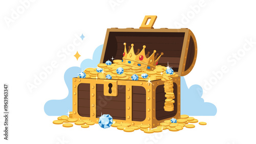 Treasure chest overflowing with gold coins, sparkling blue diamonds, and a royal golden crown against a blue cloud.