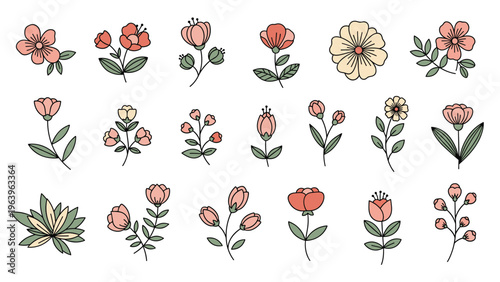 Collection of various hand drawn flowers and leafy branches in a soft pink and green color palette on a white background.